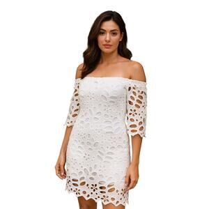 PrettyGarden S cottagecore White Lace Off Shoulder Mini Dress Floral Cutout